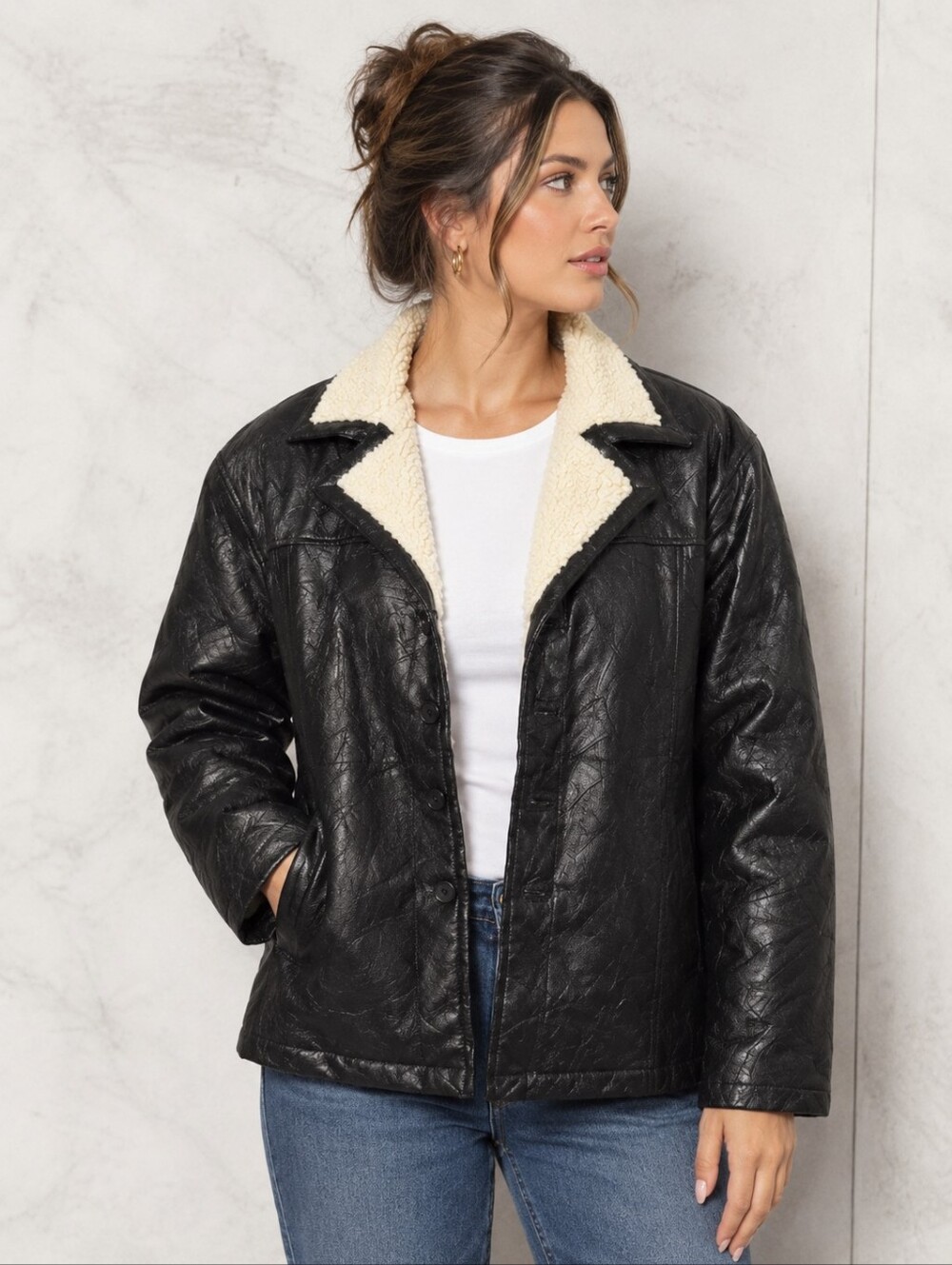Cellini Vintage Black Retro Patchwork Women Leather Sherpa Collar Jacket L
